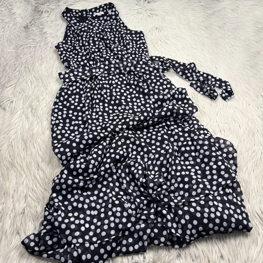Calvin Klein Women's L Black White Polka Dot Hight Neck Midi Dress Retro‎ Flirty